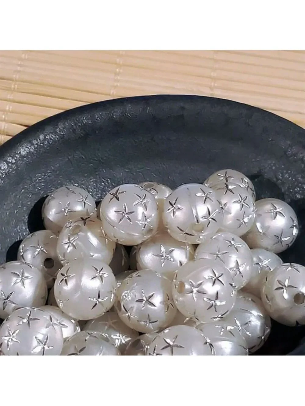 10 Vintage Retro Gray Silver Stars 12mm Round Acrylic Shabby Chic Beads
